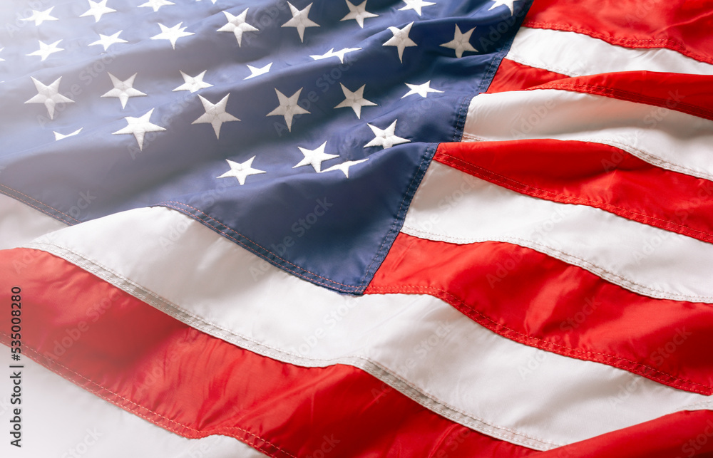 Fototapeta premium Flat lay USA flag, vintage background with copy space top view. Banner, minimalism, loft style. American
