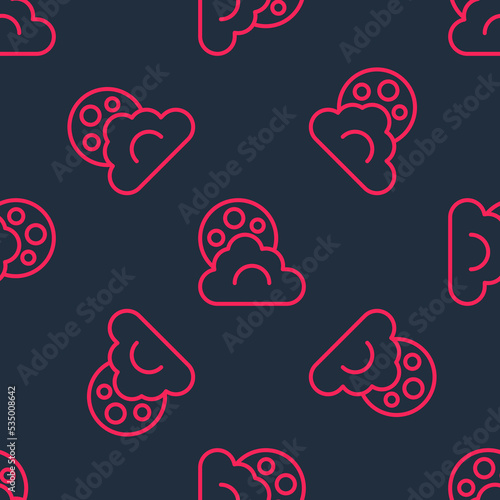 Red line Cloud with moon icon isolated seamless pattern on black background. Cloudy night sign. Sleep dreams symbol. Night or bed time sign. Vector