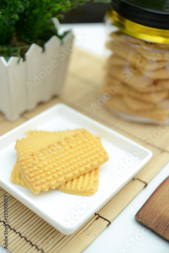 homemade eid snacks, Indonesian traditional cookies isolated on white background, served for Idul Fitri or The Great Islamic Day, front view