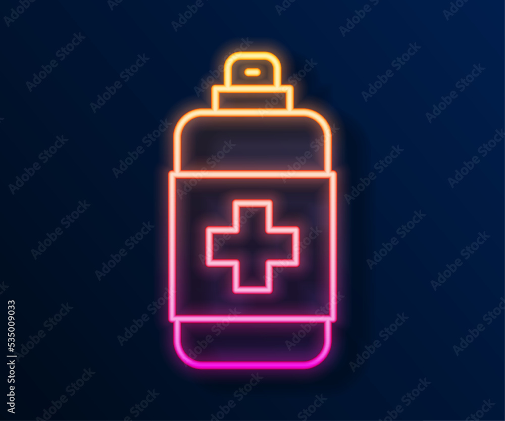 Obraz premium Glowing neon line Bottle of liquid antibacterial soap with dispenser icon isolated on black background. Antiseptic. Disinfection, hygiene, skin care. Vector