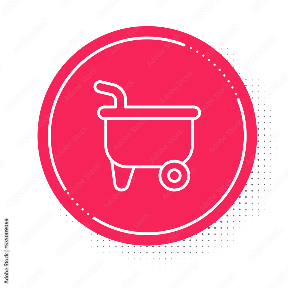 White line Wheelbarrow icon isolated on white background. Tool equipment. Agriculture cart wheel farm. Red circle button. Vector White line Wheelbarrow icon isolated on white background. Tool equipment. Agriculture cart wheel farm. Red circle button. Vector