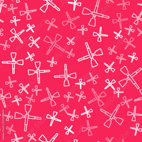 White line Crossed oars or paddles boat icon isolated seamless pattern on red background. Vector