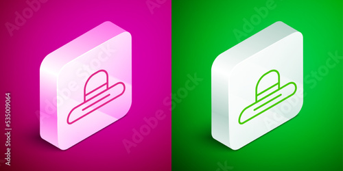 Isometric line Gardener, farmer or agricultural worker hat icon isolated on pink and green background. Silver square button. Vector