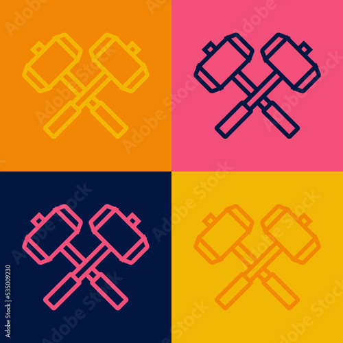 Pop art line Medieval crossed battle hammers icon isolated on color background. Vector