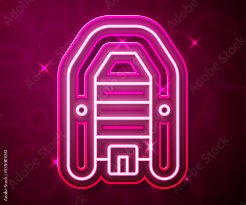 Glowing neon line Inflatable boat with outboard motor icon isolated on red background. Vector