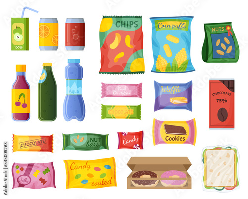 Food snack. Packet wrapper. Biscuits package. Sweets box. Soda can. Chips bag. Chocolate crisps. Juice or water bottle. Sandwich and donut. Isolated meal packing set. Vector illustration
