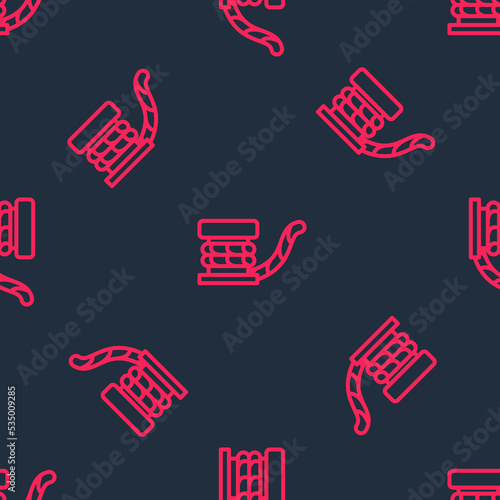 Red line Marine bollard with rope tied on pier icon isolated seamless pattern on black background. Vector