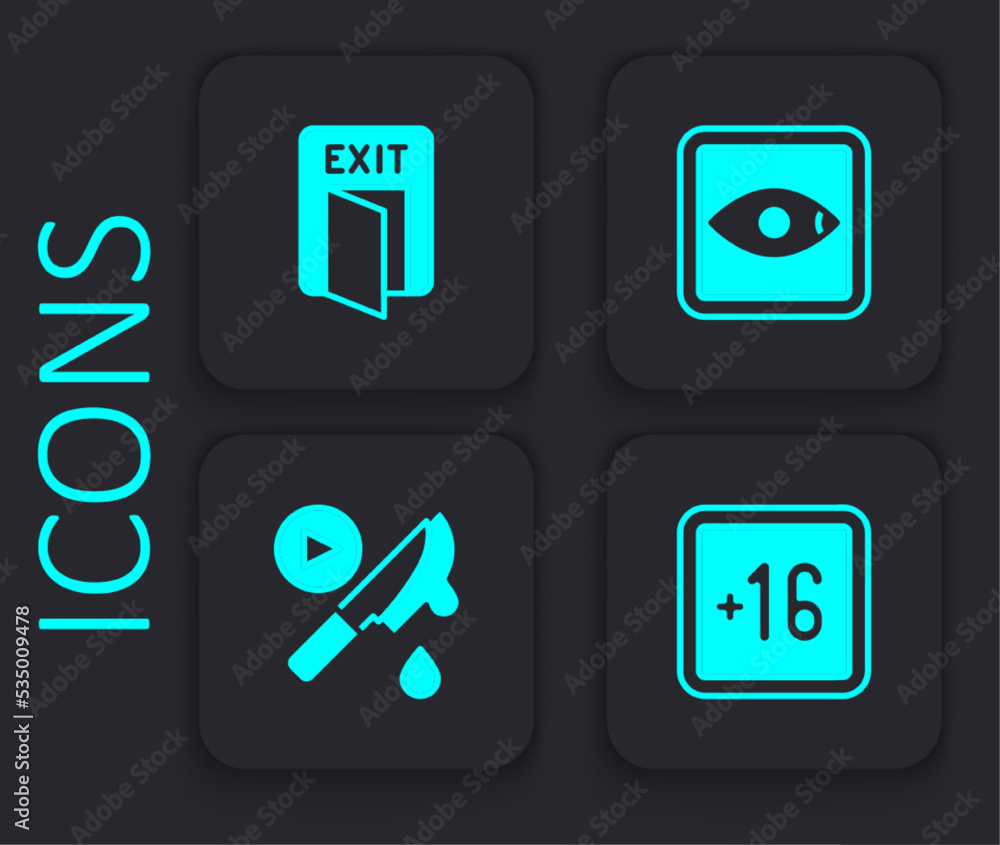 Set Plus 16 movie, Fire exit, Rating and Thriller icon. Black square button. Vector Set Plus 16 movie, Fire exit, Rating and Thriller icon. Black square button. Vector
