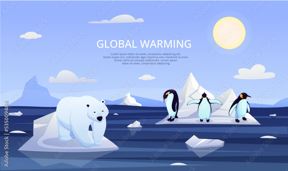 Global warming. Polar bear and penguin. Glaciers melting. Greenhouse