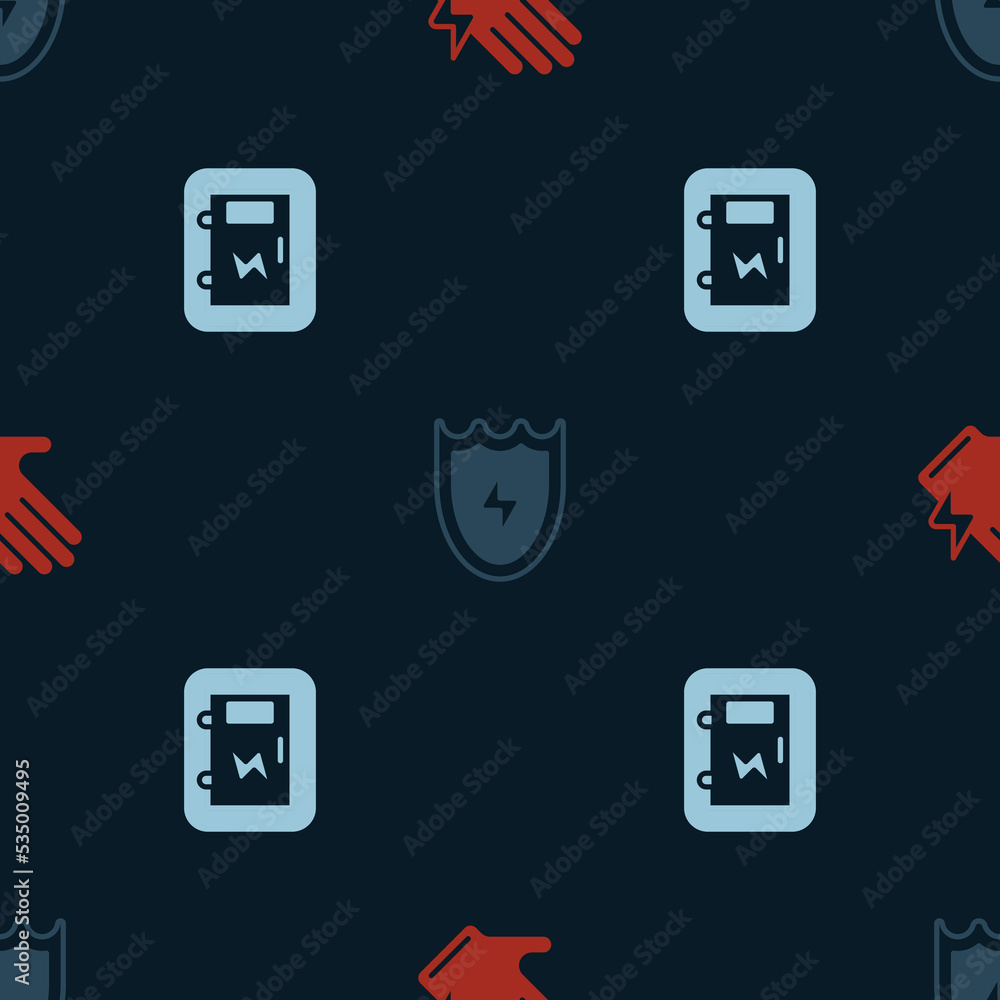 Set Electric glove, Lightning and shield and Electrical panel on seamless pattern. Vector Set Electric glove, Lightning and shield and Electrical panel on seamless pattern. Vector
