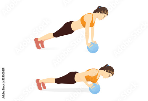 Sport women doing Exercise by Push up Medicine Ball Exercise. Start by plank posture and put your hands on the Med ball.