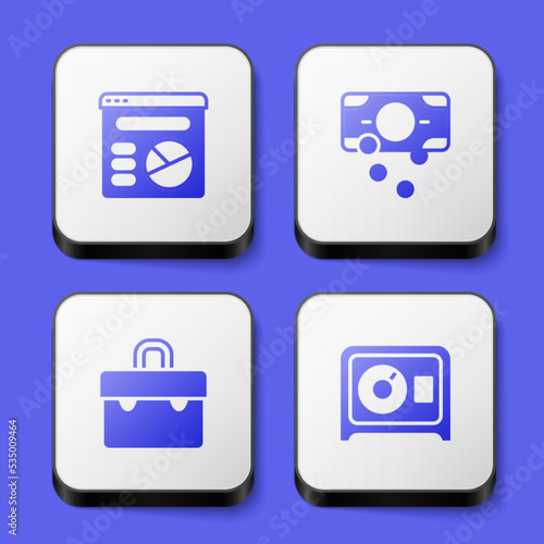 Set Pie chart infographic, Stacks paper money cash, Briefcase and Safe icon. White square button. Vector