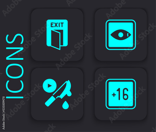 Set Plus 16 movie, Fire exit, Rating and Thriller icon. Black square button. Vector