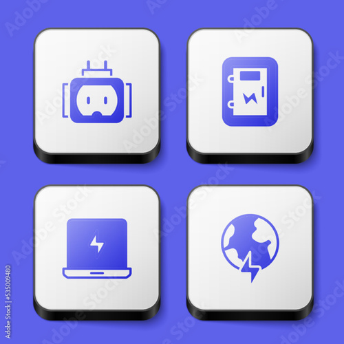 Set Tee plug electric, Electrical panel, Laptop and Global planet with thunderbolt icon. White square button. Vector