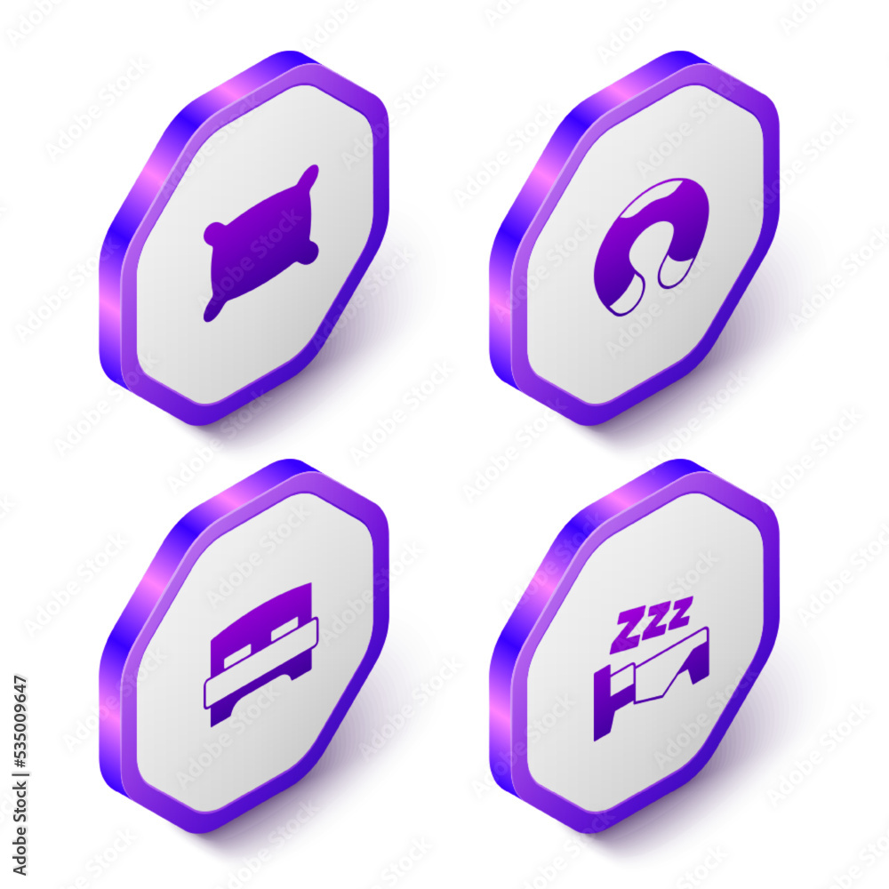 Set Isometric Pillow, Travel neck pillow, Big bed and Time to sleep icon. Purple hexagon button. Vector Set Isometric Pillow, Travel neck pillow, Big bed and Time to sleep icon. Purple hexagon button. Vector
