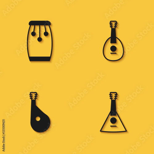Set Conga drums, Balalaika, Bandura and Mandolin icon with long shadow. Vector