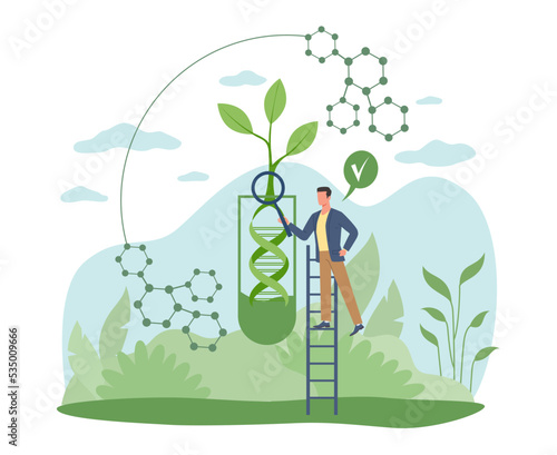 Genetic engineering, improvement of biogelix. Tiny scientist man with huge test tube, study, modify and control biological system. Medical biological engineering. Vector cartoon concept