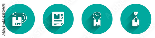 Set Return cardboard box, Waybill, Cardboard with clock and Crane icon with long shadow. Vector