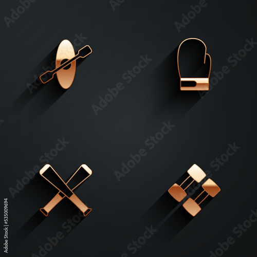 Set Kayak and paddle, Boxing glove, Crossed baseball bat and Dumbbell icon with long shadow. Vector