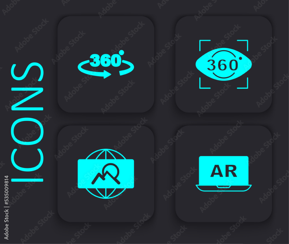 Set Augmented reality AR, 360 degree view, and Wide angle picture icon. Black square button. Vector Set Augmented reality AR, 360 degree view, and Wide angle picture icon. Black square button. Vector