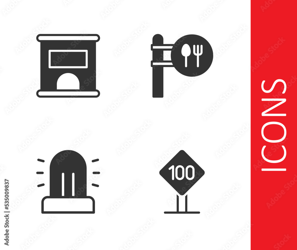 Set Speed limit traffic sign 100 km, Ticket office to buy tickets, Flasher siren and Cafe and restaurant location icon. Vector Set Speed limit traffic sign 100 km, Ticket office to buy tickets, Flasher siren and Cafe and restaurant location icon. Vector