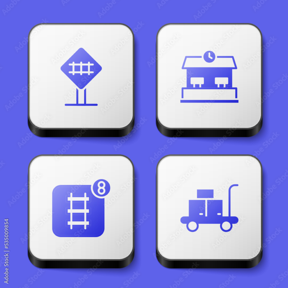 Set Railroad crossing, Railway station, Online ticket booking and Trolley suitcase icon. White square button. Vector Set Railroad crossing, Railway station, Online ticket booking and Trolley suitcase icon. White square button. Vector