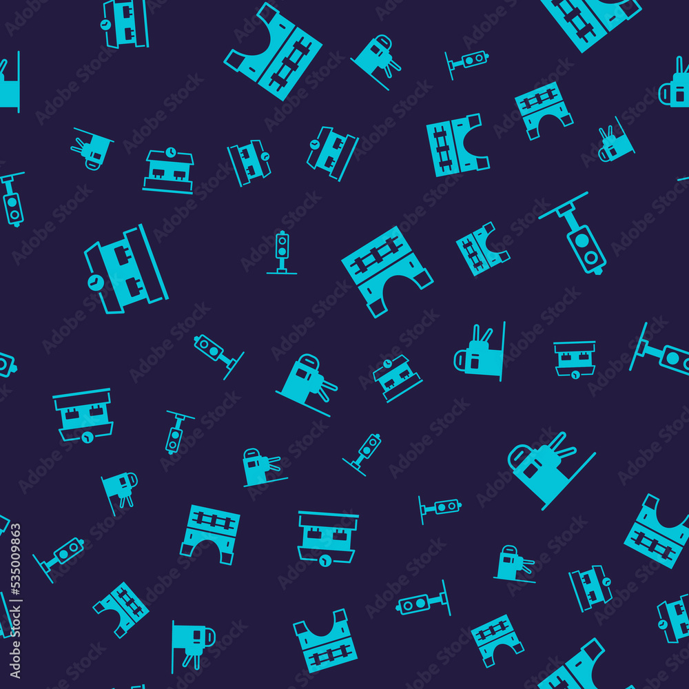 Set Railway station, Train traffic light, Bridge for train and Turnstile on seamless pattern. Vector Set Railway station, Train traffic light, Bridge for train and Turnstile on seamless pattern. Vector