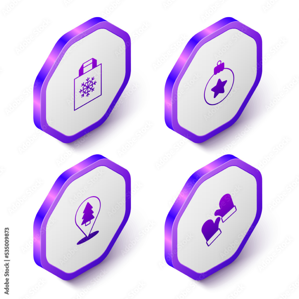 Set Isometric Christmas shopping bag, ball, tree and mittens icon. Purple hexagon button. Vector Set Isometric Christmas shopping bag, ball, tree and mittens icon. Purple hexagon button. Vector