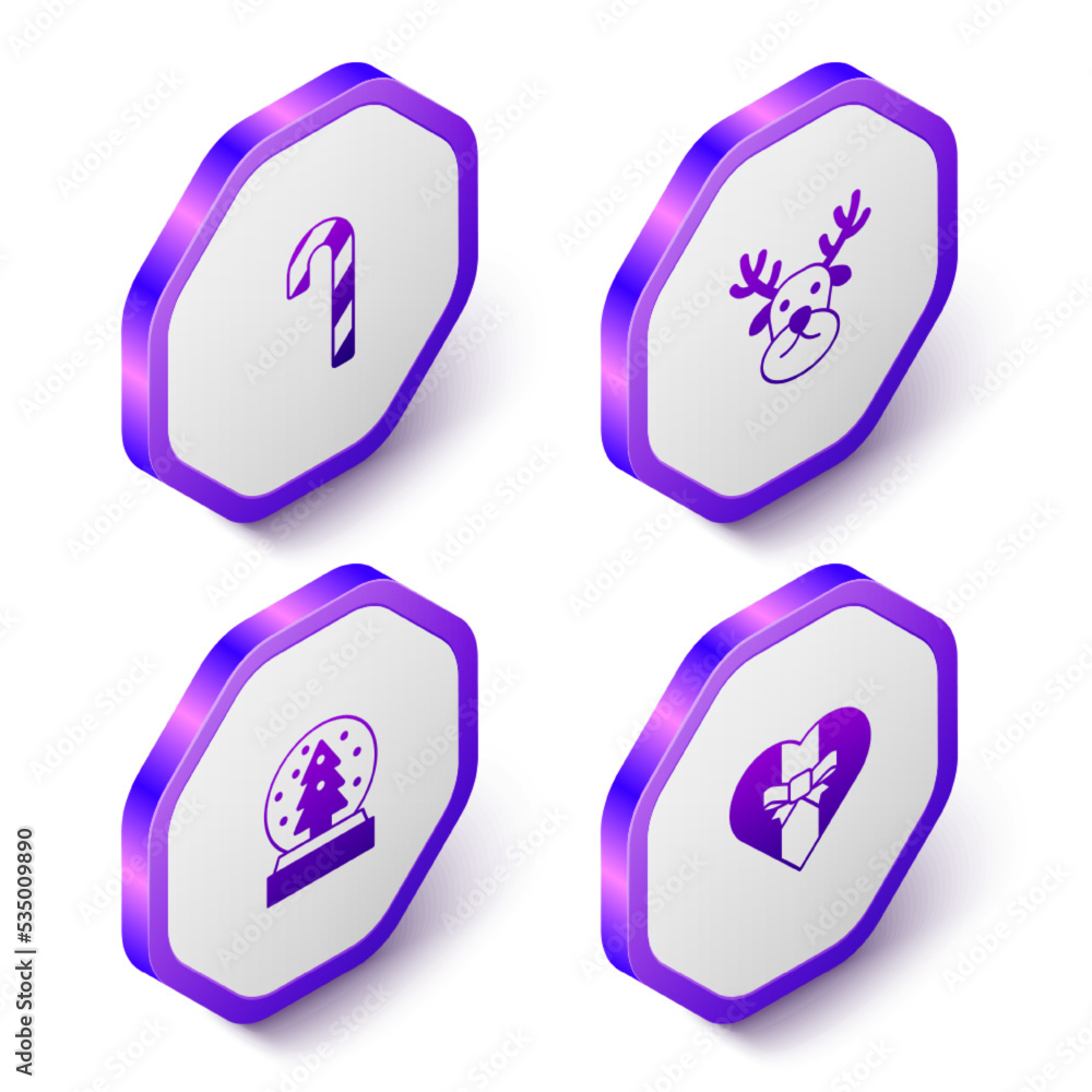 Set Isometric Candy cane with stripes, Reindeer, Christmas snow globe and Gift box icon. Purple hexagon button. Vector Set Isometric Candy cane with stripes, Reindeer, Christmas snow globe and Gift box icon. Purple hexagon button. Vector