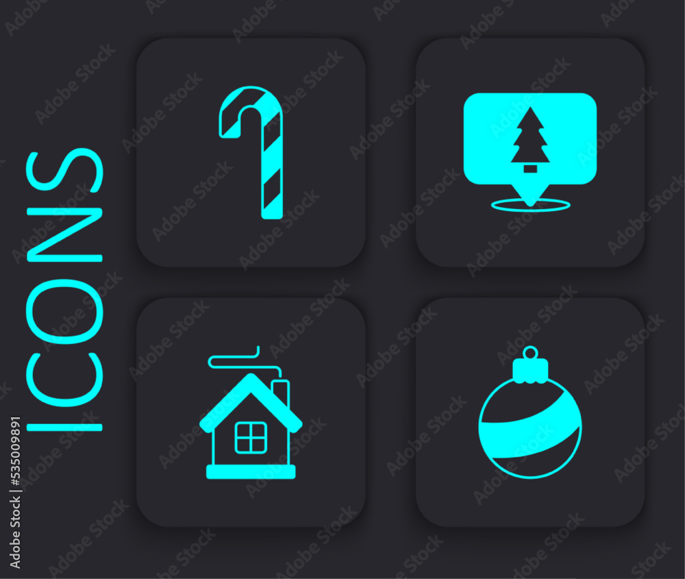 Set Christmas ball, Candy cane with stripes, tree and Merry house icon. Black square button. Vector Set Christmas ball, Candy cane with stripes, tree and Merry house icon. Black square button. Vector