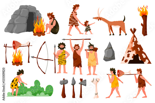 Prehistoric cave. Primeval hunter tools. Ancient human characters. Tribal man and woman. Cavemen hunting tiger. People cooking food on fire. Stone axe and bows. Vector Paleolithic set