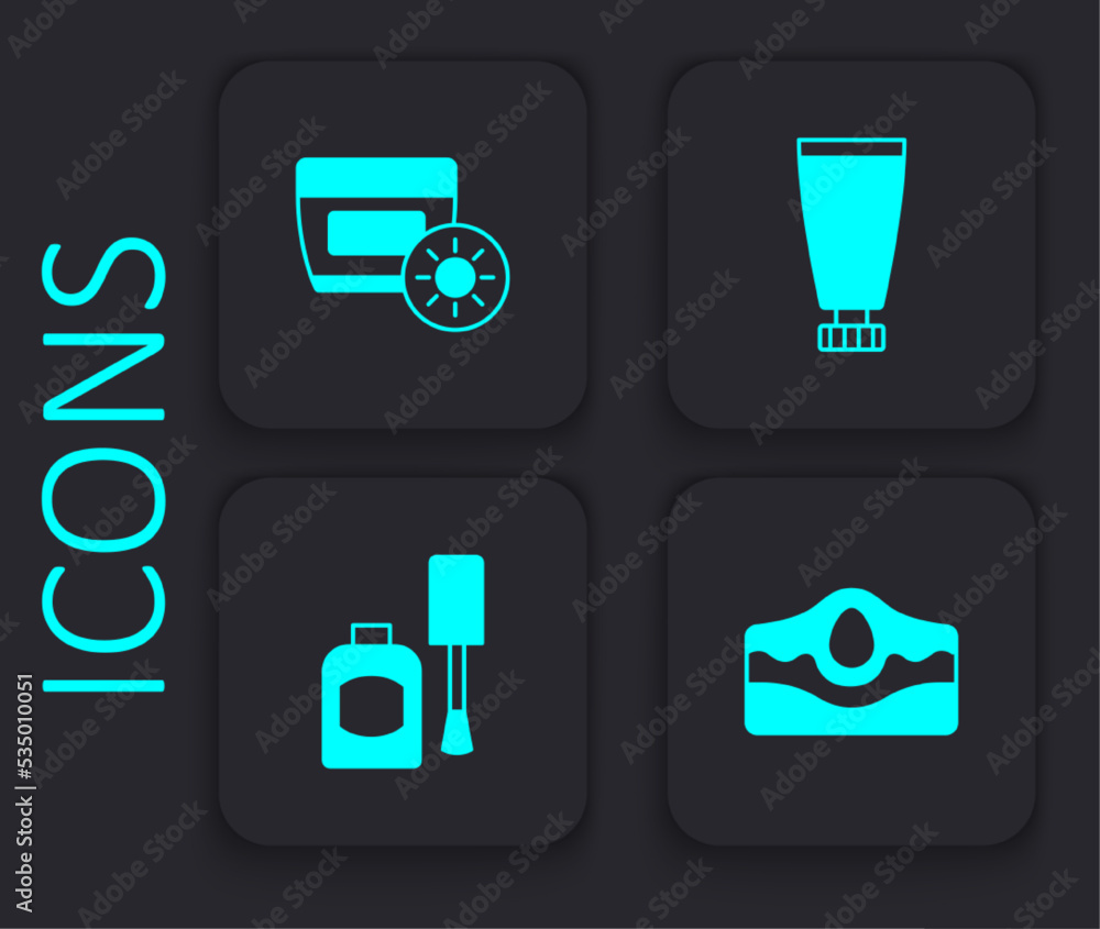 Set Acne, Sunscreen cream in tube, Cream or lotion cosmetic and Bottle of nail polish icon. Black square button. Vector Set Acne, Sunscreen cream in tube, Cream or lotion cosmetic and Bottle of nail polish icon. Black square button. Vector