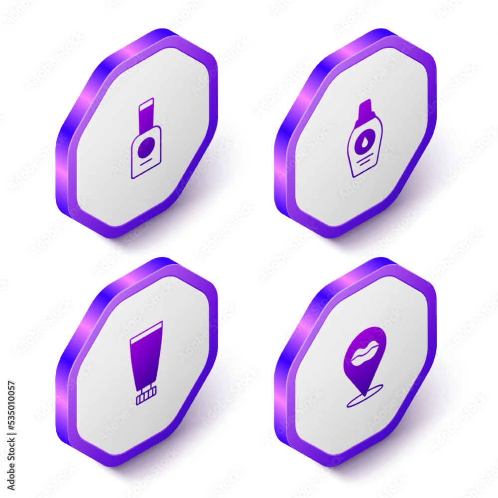 Set Isometric Bottle of nail polish, shampoo, Cream or lotion cosmetic tube and Smiling lips icon. Purple hexagon button. Vector Set Isometric Bottle of nail polish, shampoo, Cream or lotion cosmetic tube and Smiling lips icon. Purple hexagon button. Vector