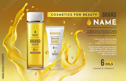 Cosmetic oil splash. Luxury hair product. 3D golden skin care bottle. Liquid texture. Essential moisturizing cream. Advertising banner realistic design. Vector promotion illustration