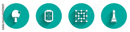 Set Racket, Table football, Board game and Chess icon with long shadow. Vector