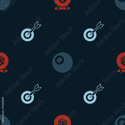 Set Game dice, Billiard pool snooker ball and Classic dart board and arrow on seamless pattern. Vector