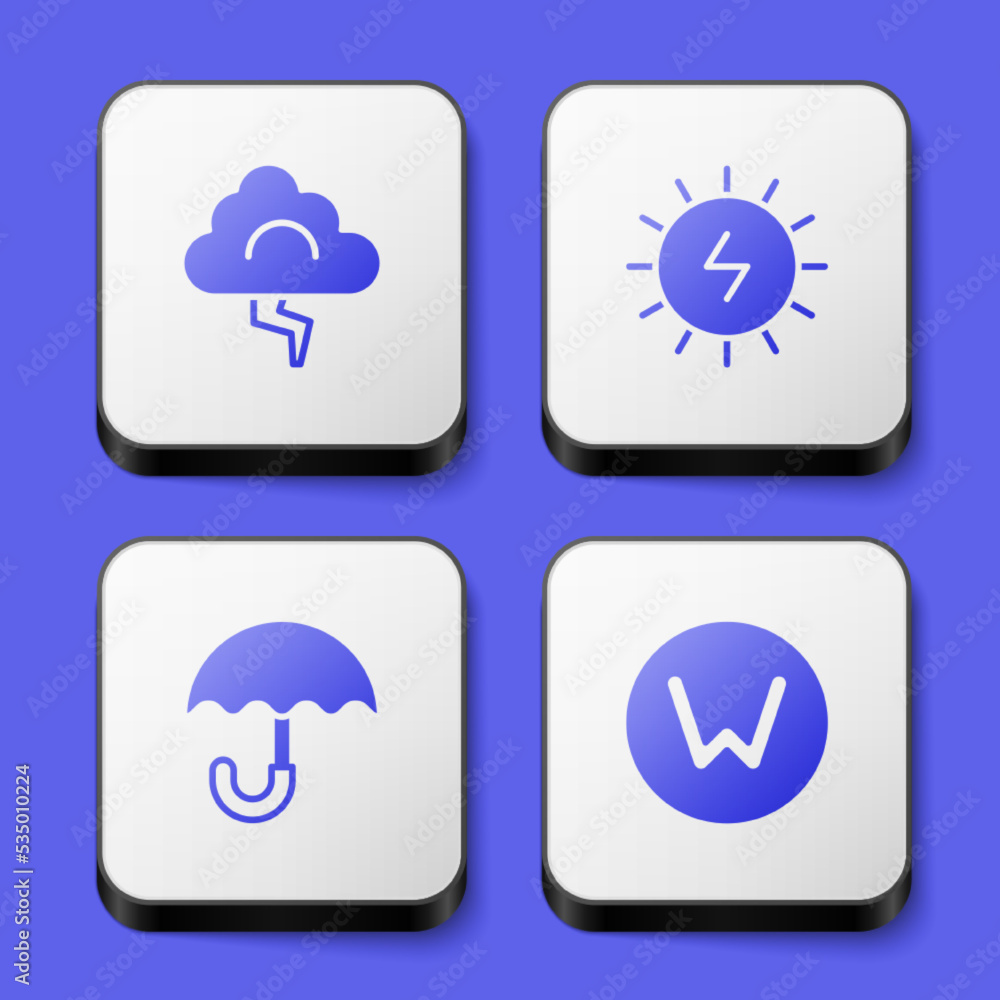 Set Cloud and lightning, Solar energy panel, Umbrella and Compass north icon. White square button. Vector Set Cloud and lightning, Solar energy panel, Umbrella and Compass north icon. White square button. Vector