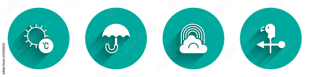 Set Sun, Umbrella, Rainbow with cloud and Rooster weather vane icon with long shadow. Vector