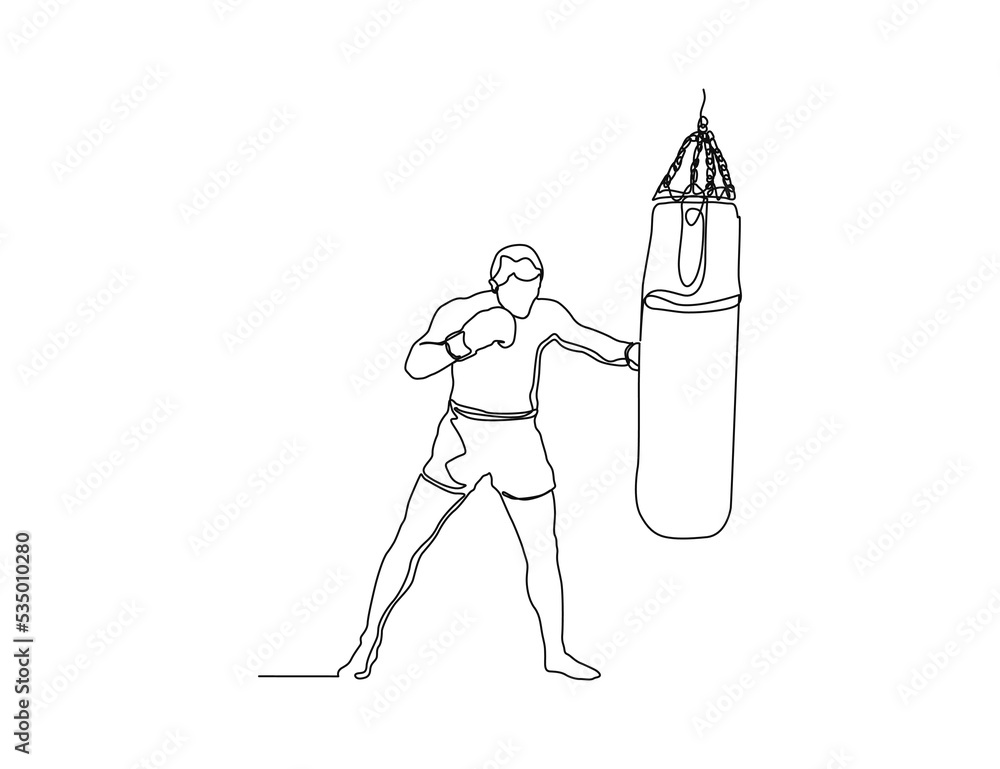 Continuous one line drawing of sporty boxer man punching boxing bag