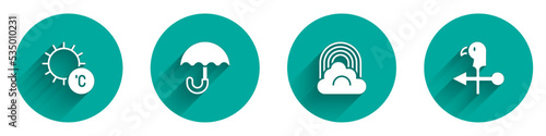 Set Sun, Umbrella, Rainbow with cloud and Rooster weather vane icon with long shadow. Vector