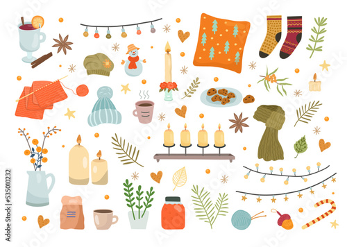 Cute cozy autumn. Season elements collection. Home candles. Plaid and plants in Scandinavian winter style. Hygge house. Warm knitted hat or scarf. Mulled wine. Vector cartoon illustration