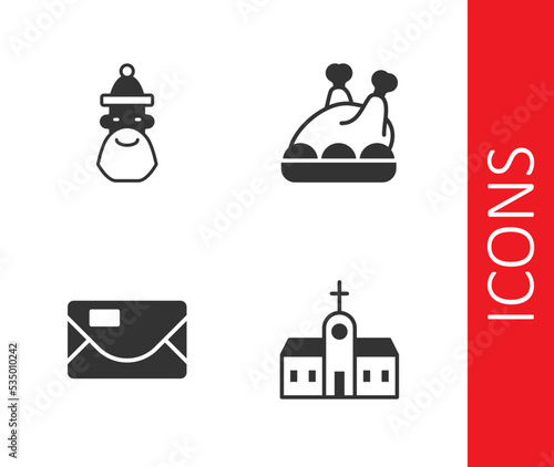 Set Church building, Santa Claus hat and beard, Envelope and Roasted turkey or chicken icon. Vector