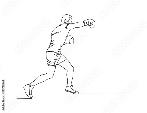 Continuous one line drawing of sporty boxer man wearing boxing gloves. Boxer or fighter make a beat punch line art drawing vector illustration.