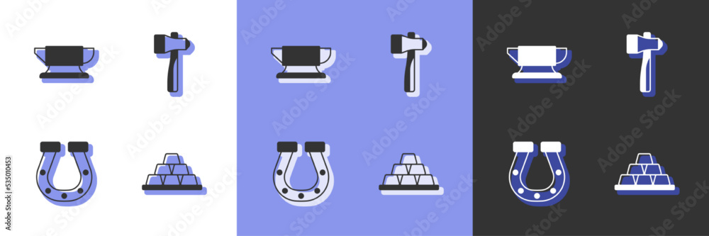 Fototapeta premium Set Gold bars, Blacksmith anvil tool, Horseshoe and Hammer icon. Vector