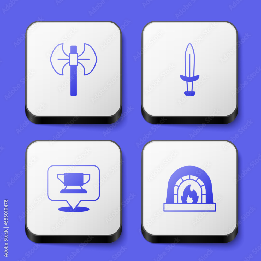 Set Medieval poleaxe, sword, Blacksmith anvil tool and oven icon. White square button. Vector Set Medieval poleaxe, sword, Blacksmith anvil tool and oven icon. White square button. Vector