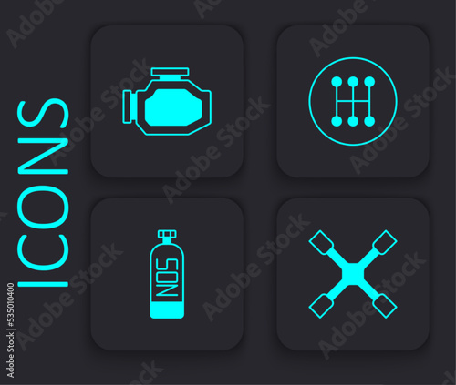 Set Wheel wrench, Check engine, Gear shifter and Nitrous oxide icon. Black square button. Vector