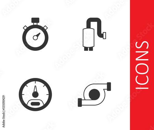 Set Automotive turbocharger, Stopwatch, Speedometer and Car muffler icon. Vector
