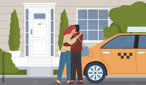 Leaving out home. Husband says goodbye to wife on house threshold, taxi and customer, farewell hugs, sad parting, flat couple, family and romantic relationships nowaday vector concept
