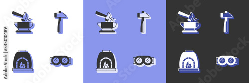 Set Welding glasses, Anvil and hammer, Blacksmith oven and Hammer icon. Vector