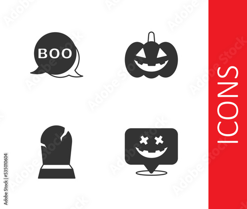 Set Happy Halloween holiday, Boo speech bubble, Tombstone with RIP written and Pumpkin icon. Vector